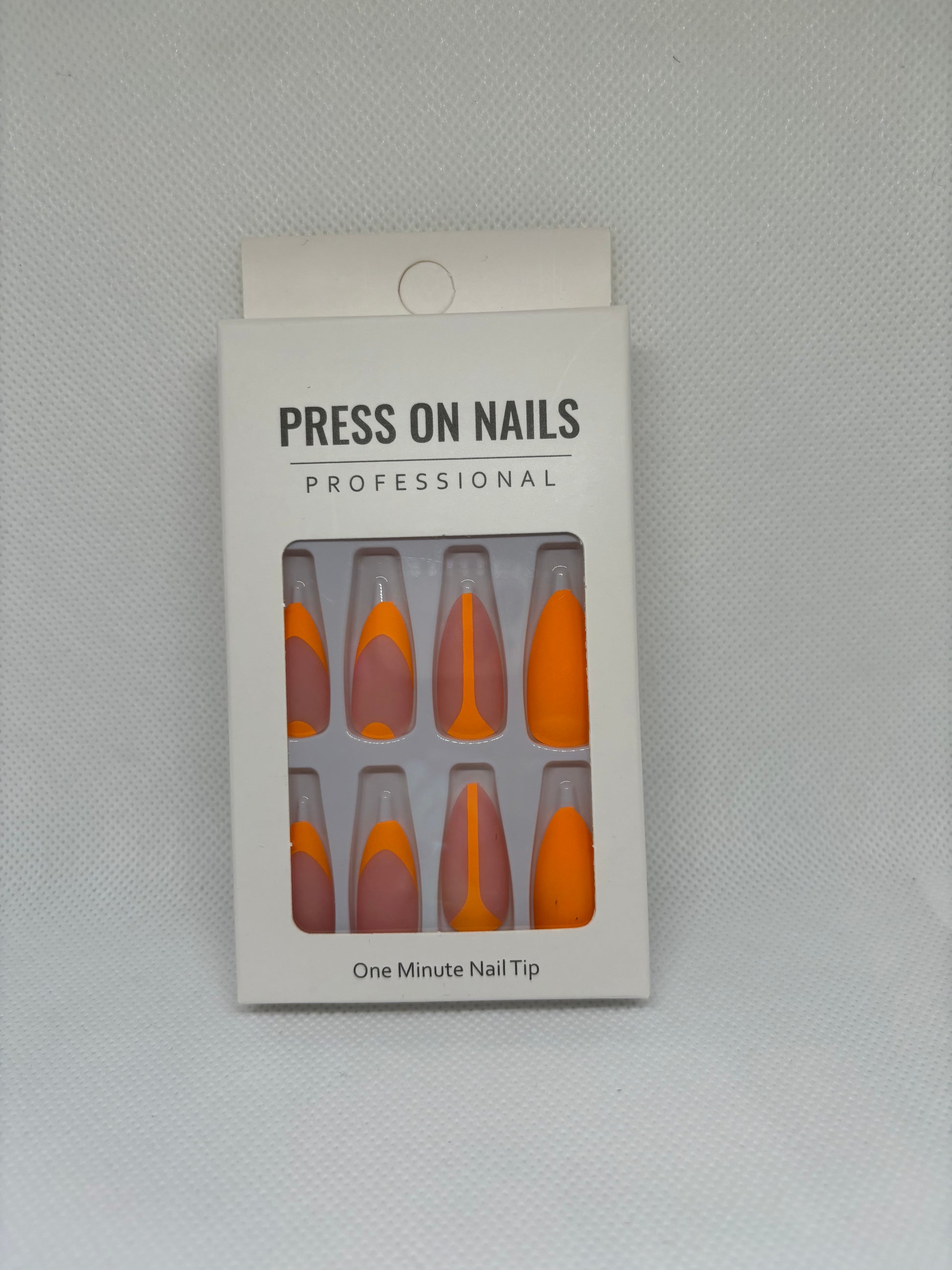 orange you glad almond shaped press on nails, front package