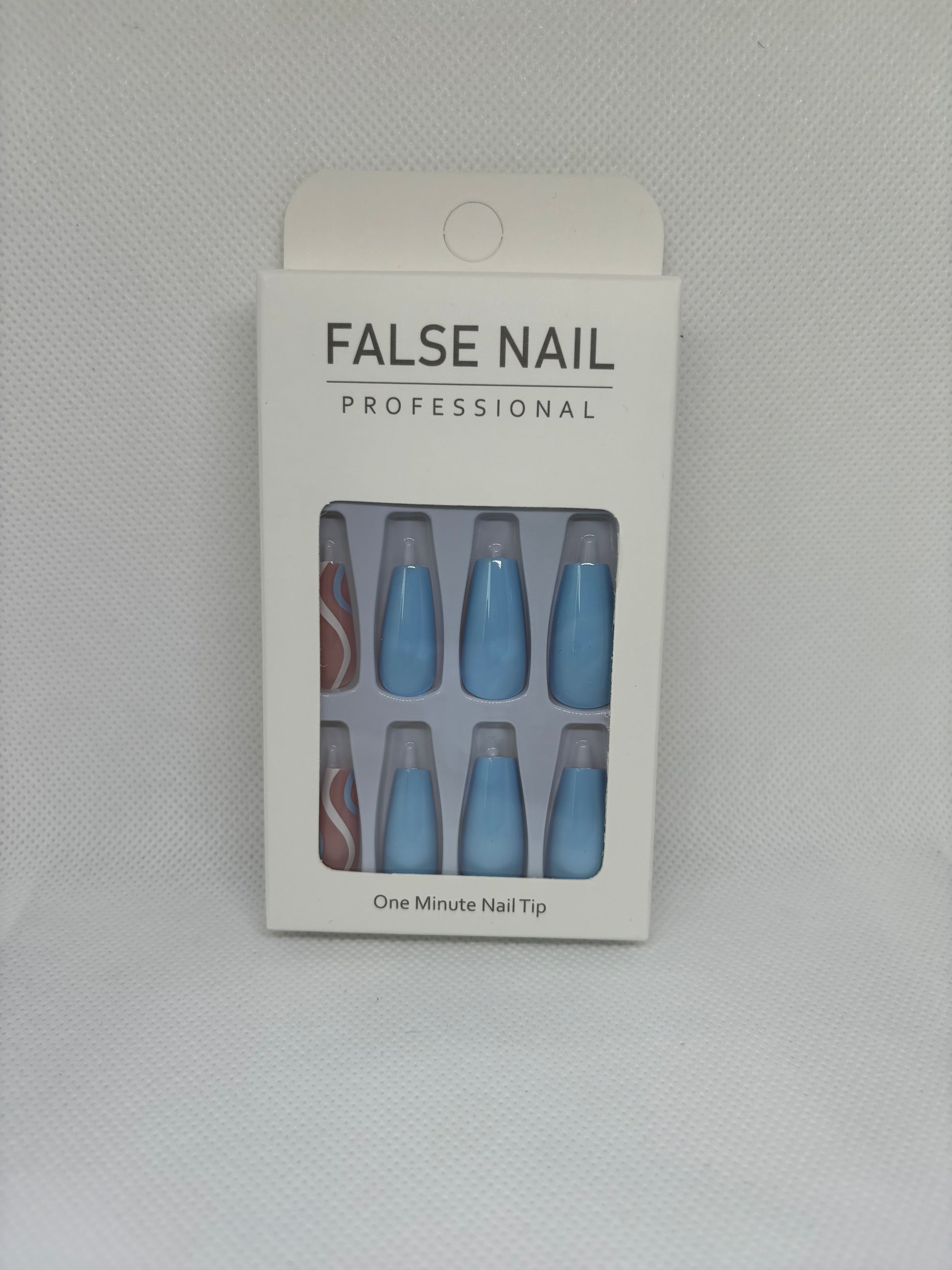 mood sky blu coffin press on nails, front package